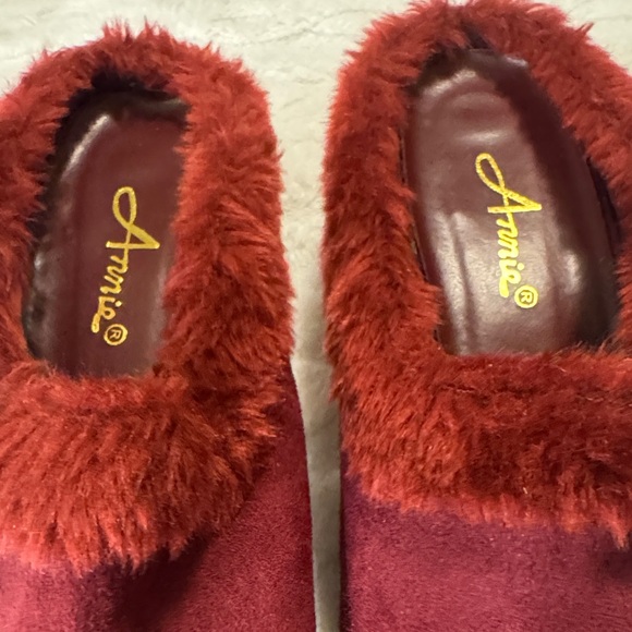 Annie Wine Red Faux Fur Trim Mules - Picture 4 of 9